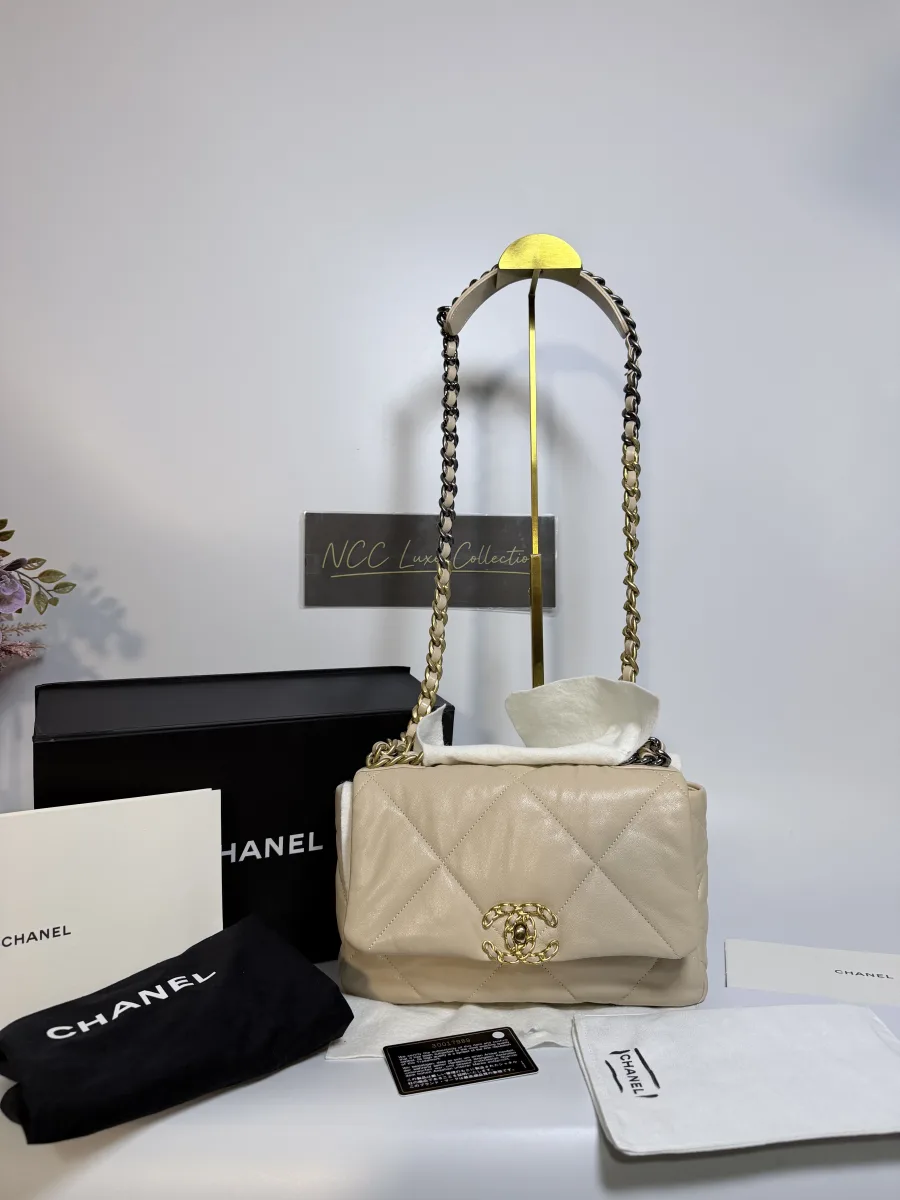 Chanel 19 Flap Bag Small Series 30 in Beige Quilted Lambskin and Mixed Hardware