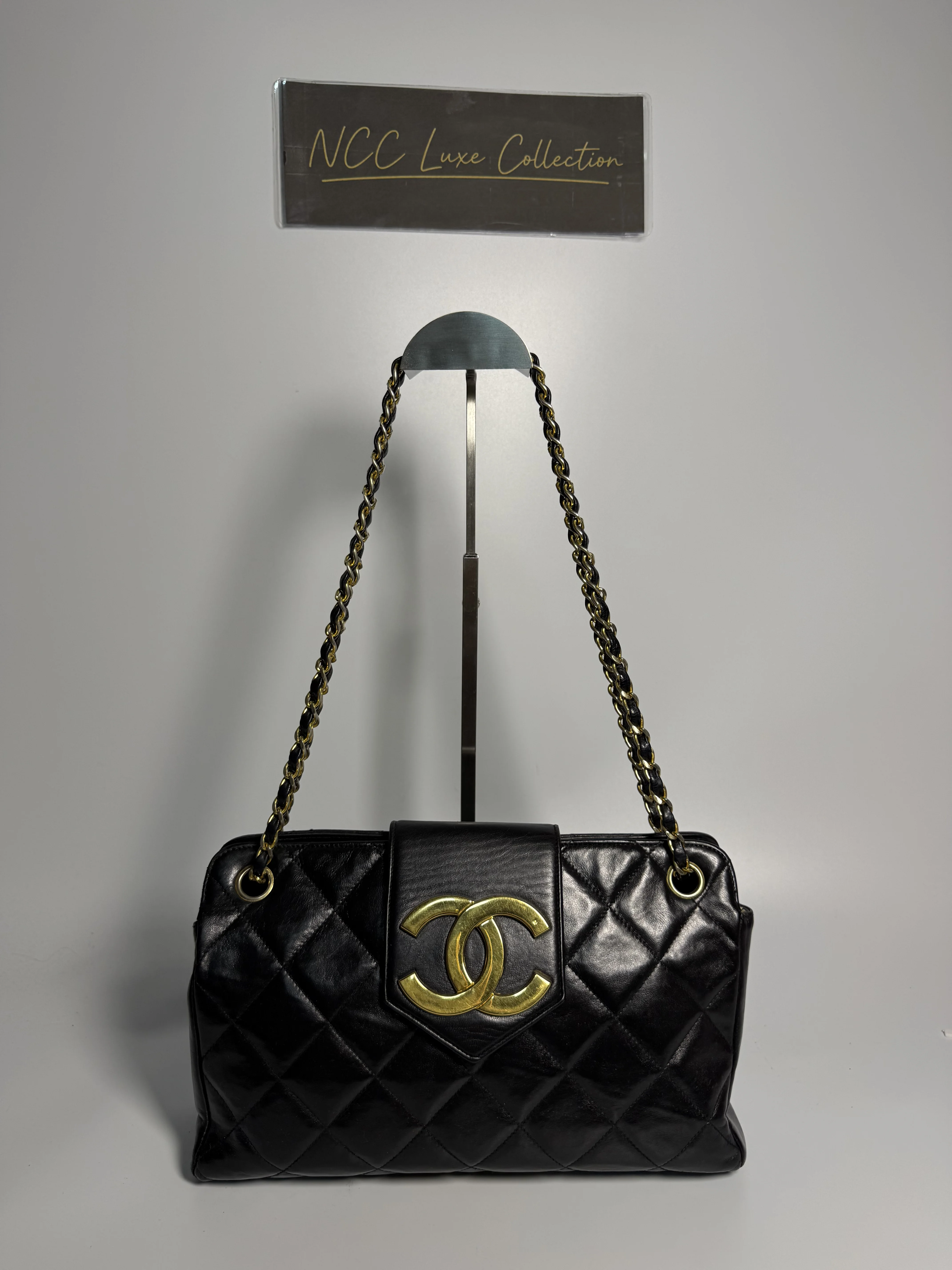 Chanel Vtg Black Quilted Leather Large Turnlock CC