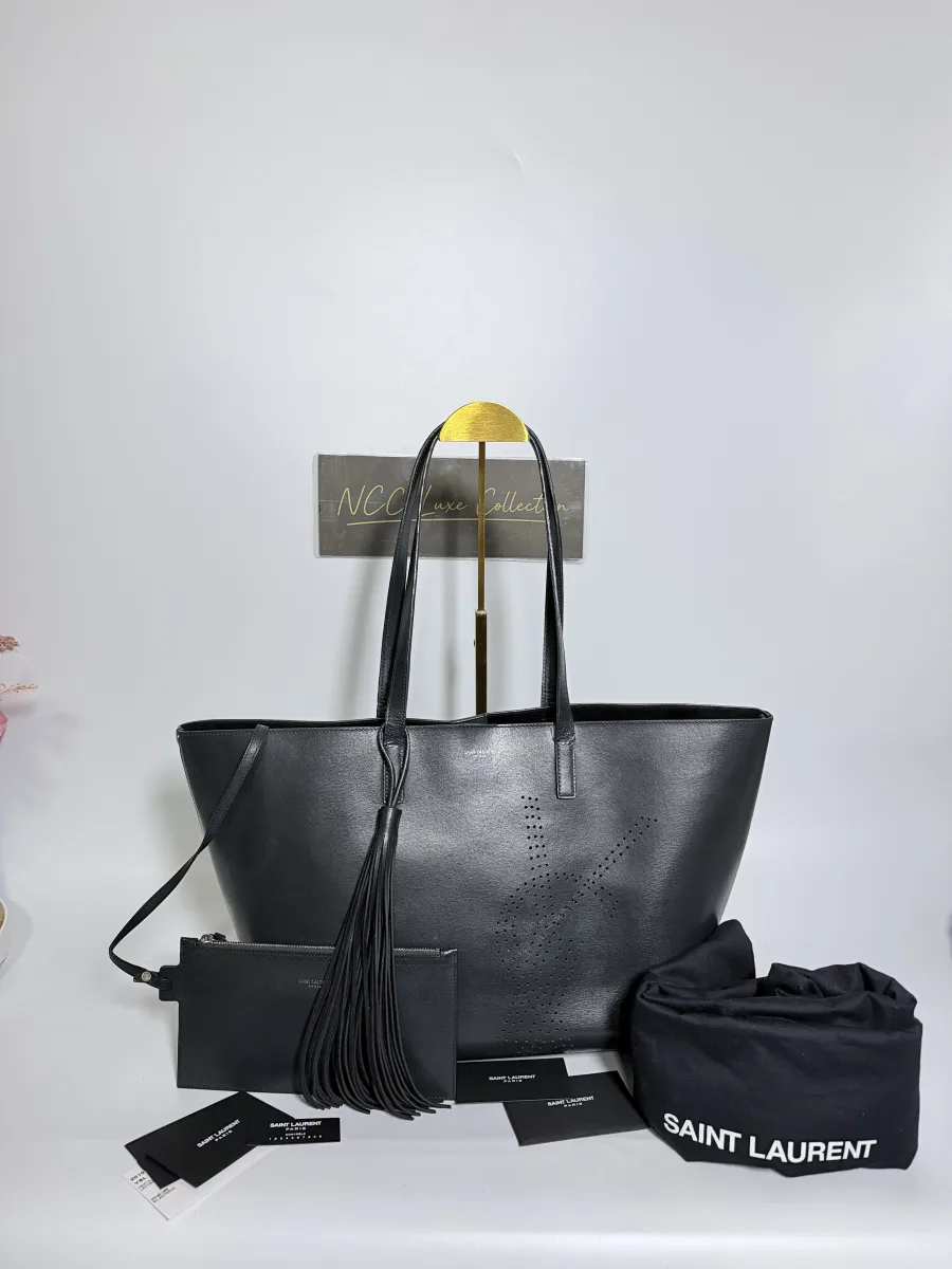 Saint Laurent Sac Cabas Leather Shopping Tote w/ Pouch and Tassel