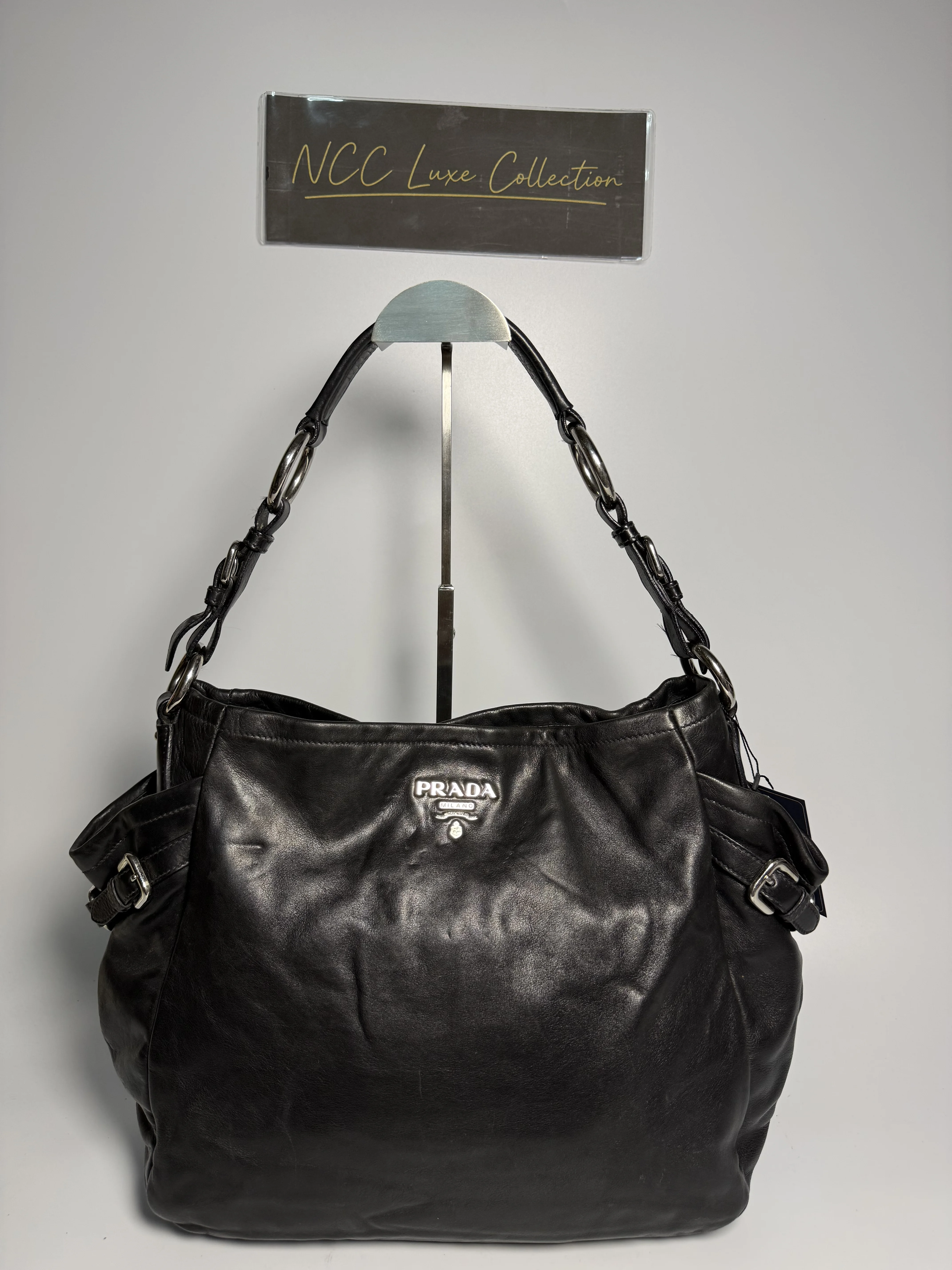 Prada black soft calf leather hobo bag