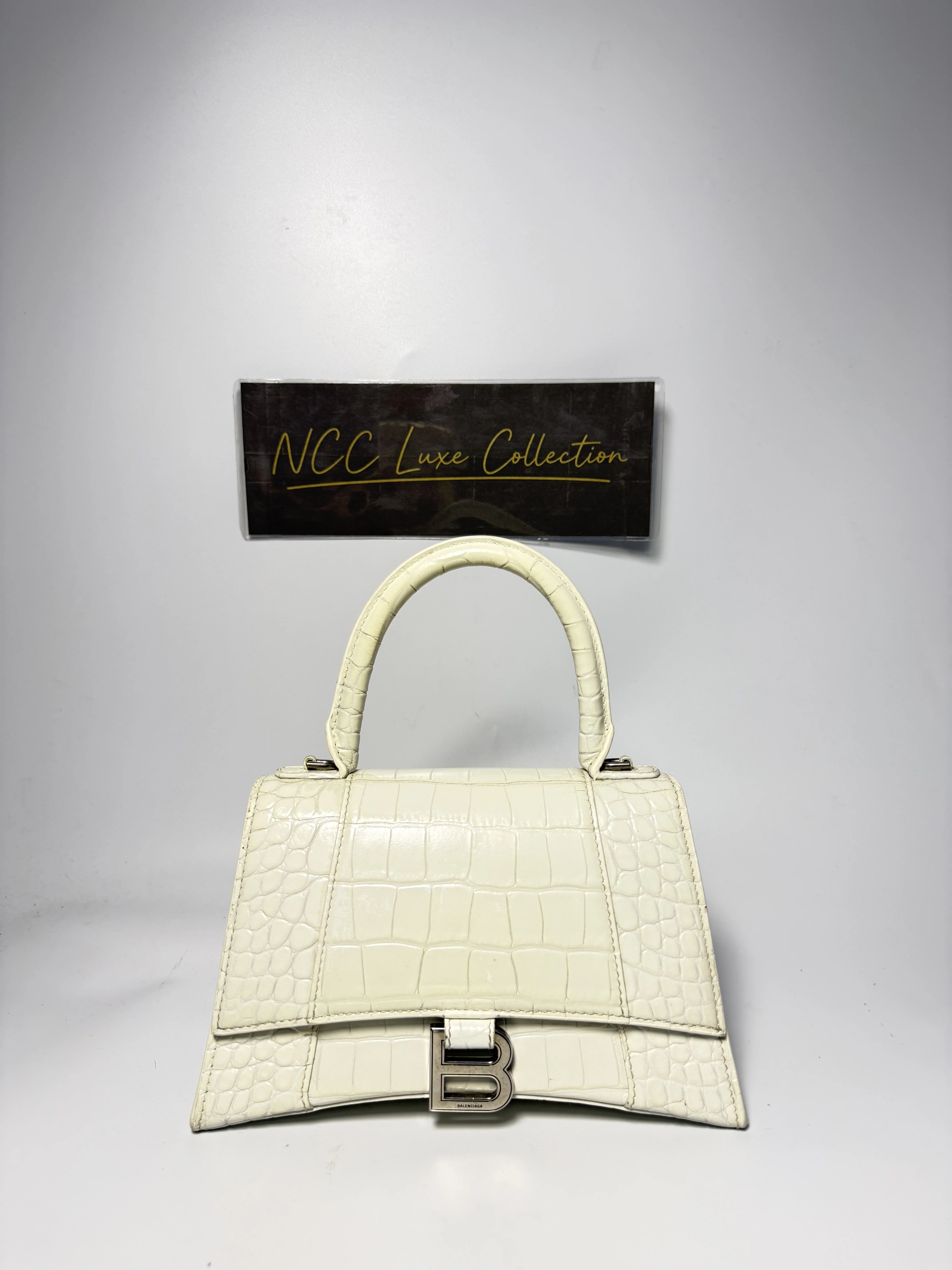 Balenciaga Small Hourglass Top Handle Bag in white croc-embossed calfskin