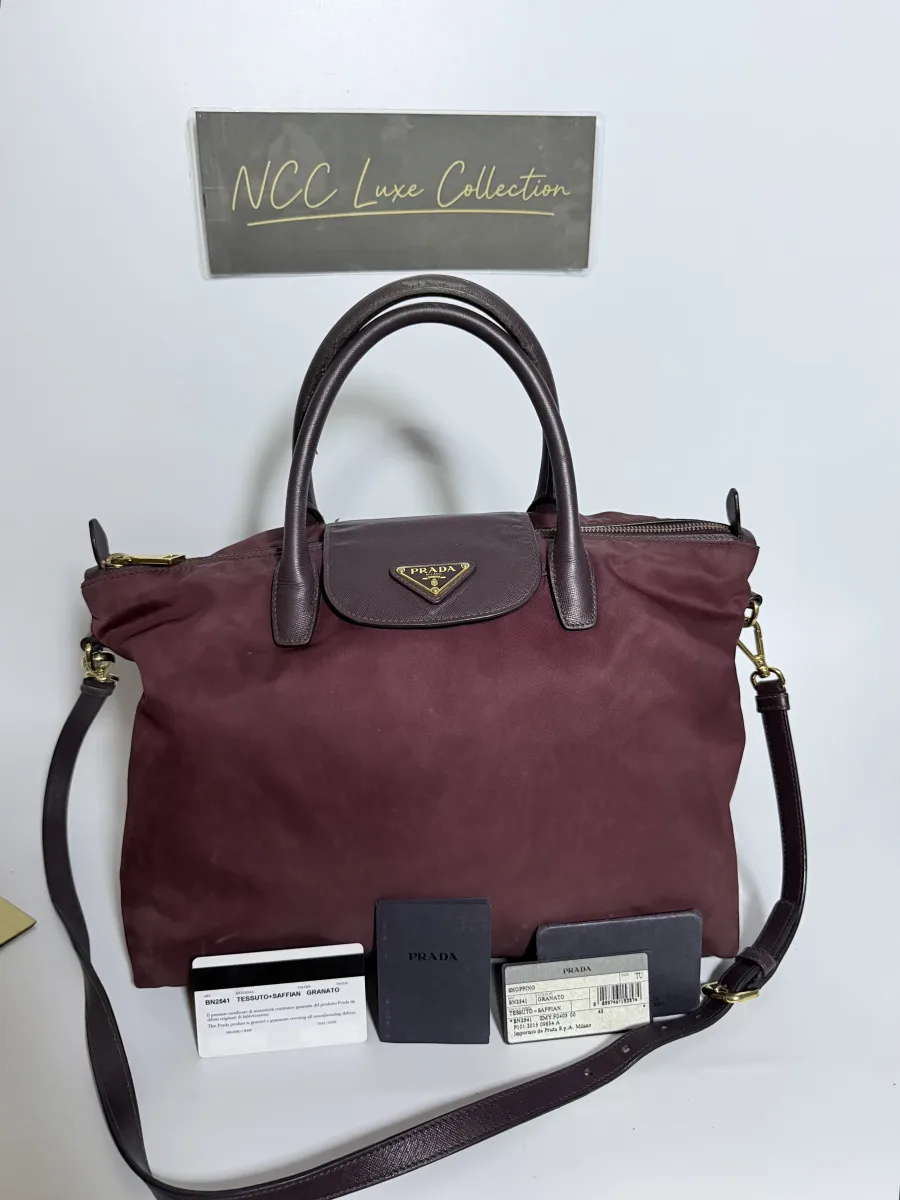 Prada Burgundy Tessuto Nylon and Saffiano Leather Tote Bag