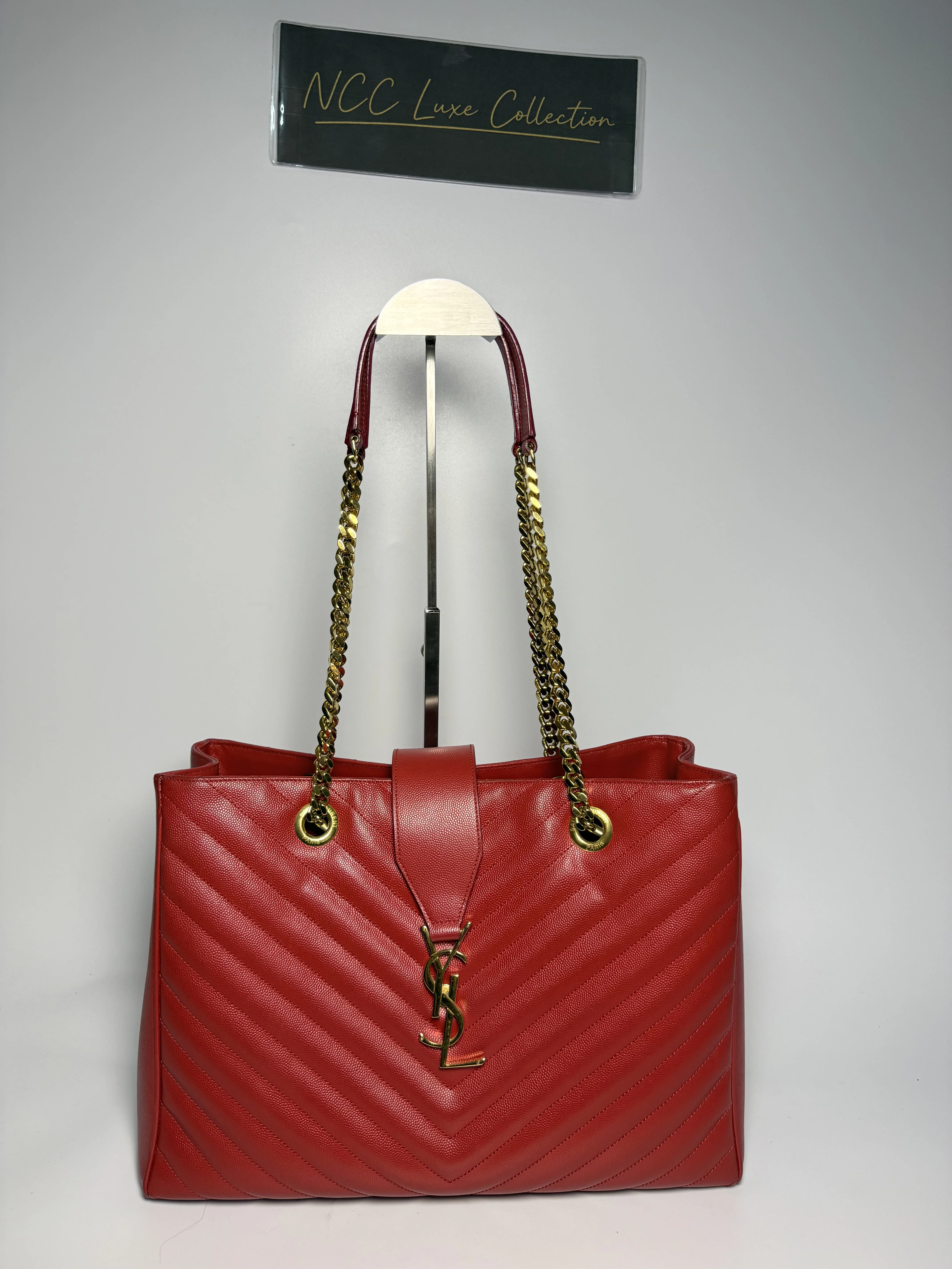 YSL Cassandra Red Chevron Grained Tote