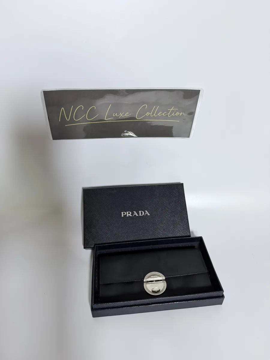 Prada Tessuto Nylon Tri-Fold Long Wallet with Silver Round Latch Closure