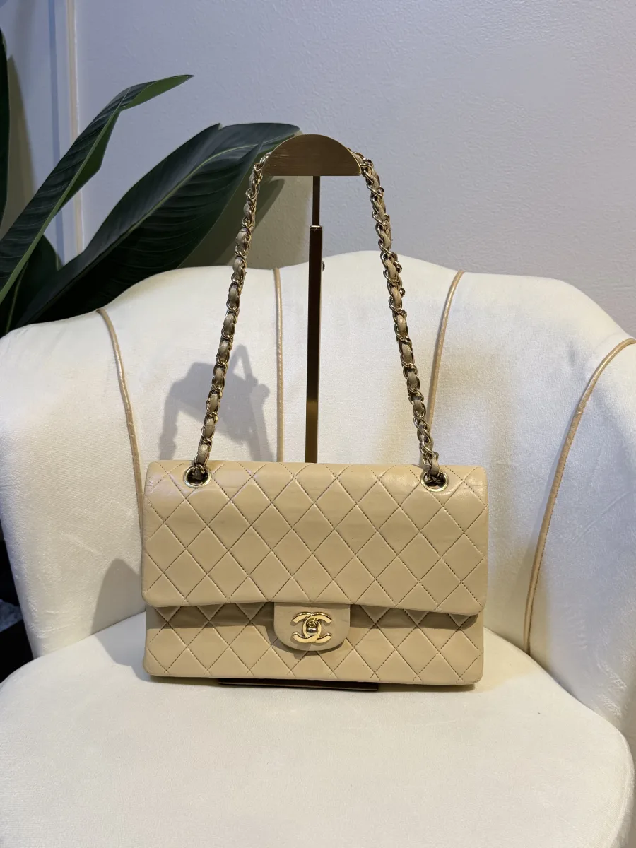 Channel Classic Double Flap Lamb Skin Beige Rank A-AB Enchanced