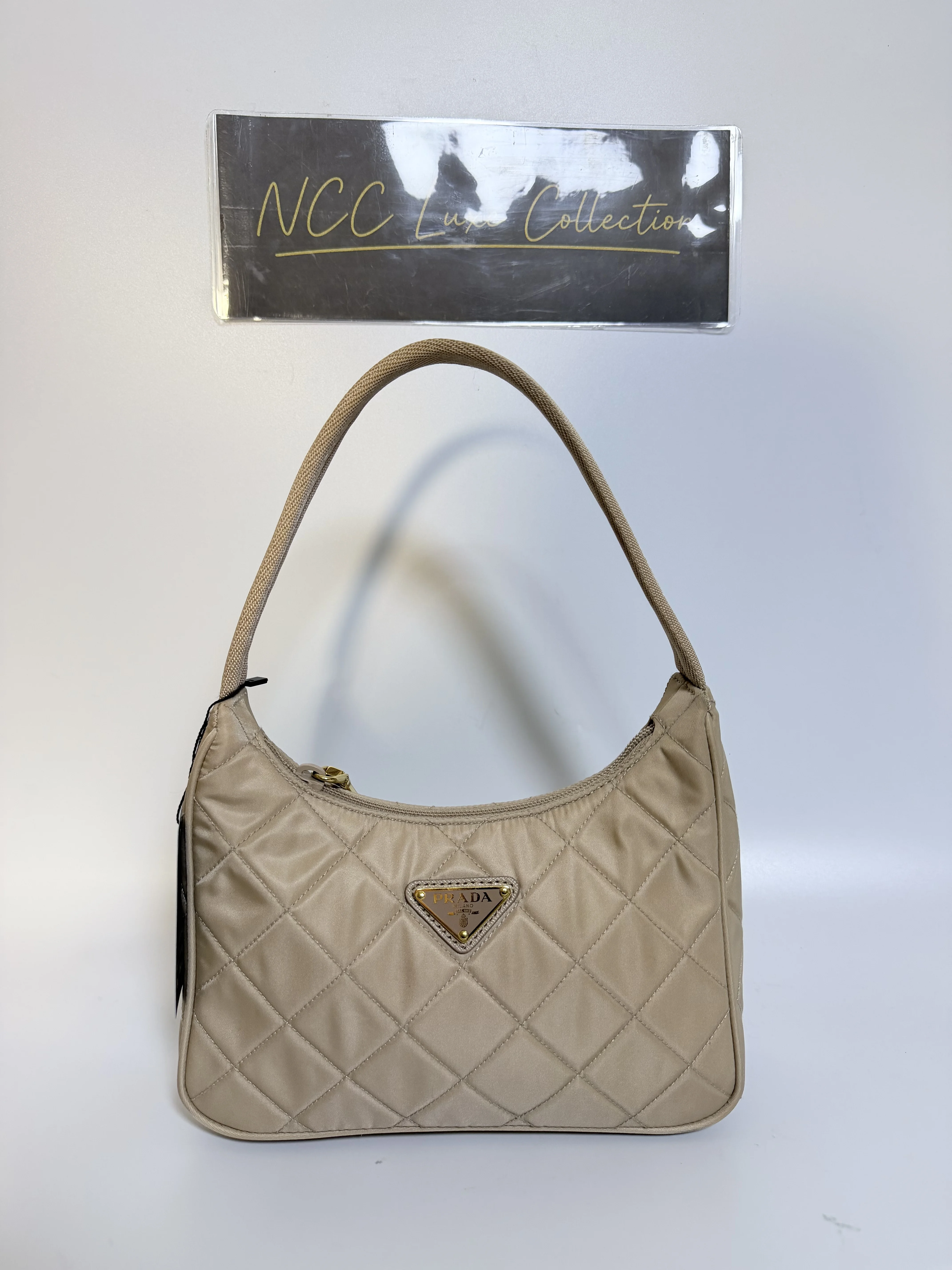 Prada Tessuto Nylon Impuntu Quilted Shoulder Bag Beige
